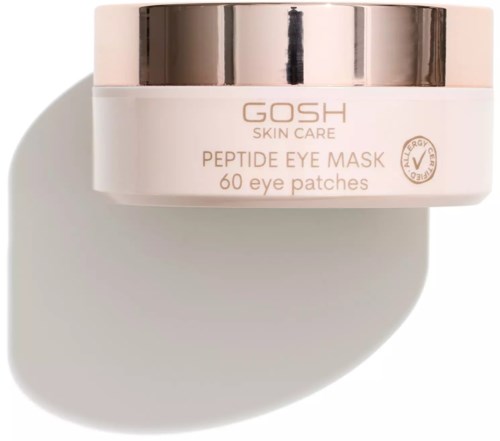 Een pot GOSH peptide oogmasker met 60 oogpatches, gelabeld voor huidverzorging, met een glanzende deksel en schaduw eronder.