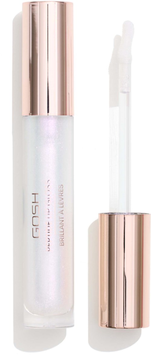 Lip gloss with a metallic pink cap and a white tube. Cap is shiny and reflective. Applicator wand visible.