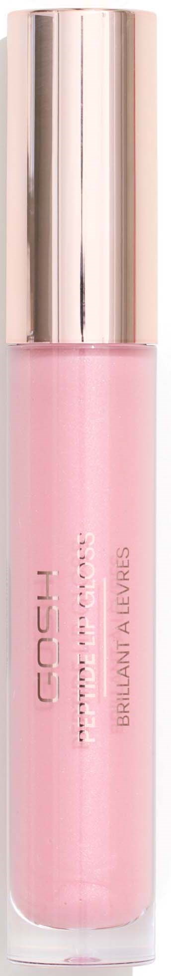 A pink lip gloss with a shiny silver cap and brand name printed on the bottle.