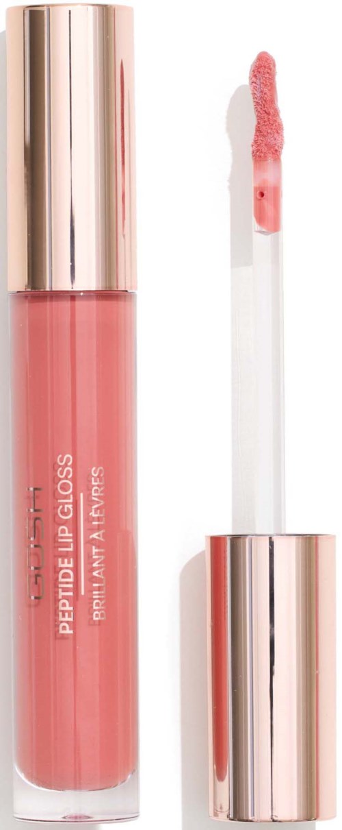 A pink lip gloss in a transparent tube with a rose gold cap and wand applicator.