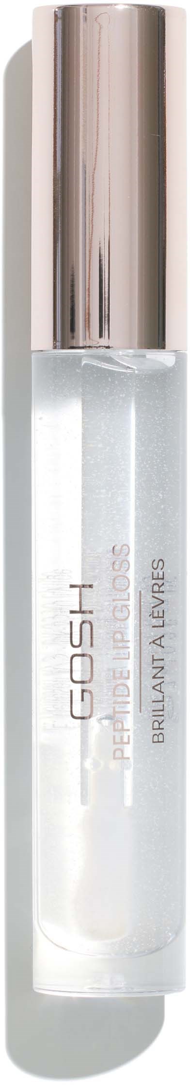 A transparent glass spray bottle with a silver cap and white liquid inside, labeled 'GOSH Pure Shine Perfection Primer'.