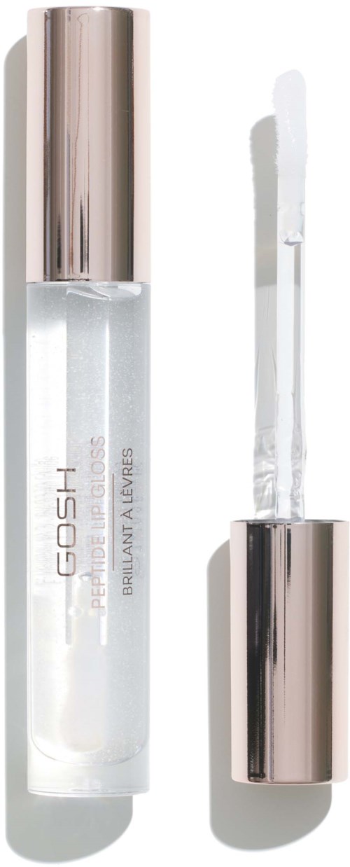 A clear lip gloss tube with a shiny silver cap and an applicator wand next to it.