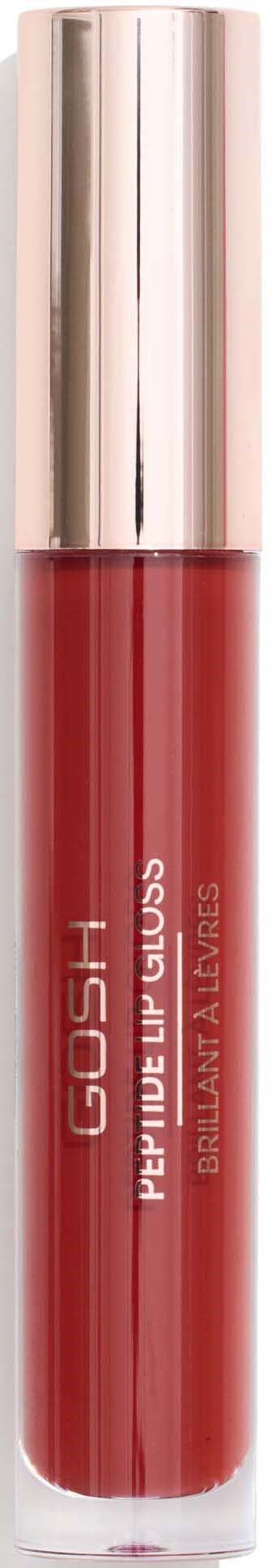 A liquid lipstick in a clear tube with a gold cap, labeled GOSH, with red color inside.