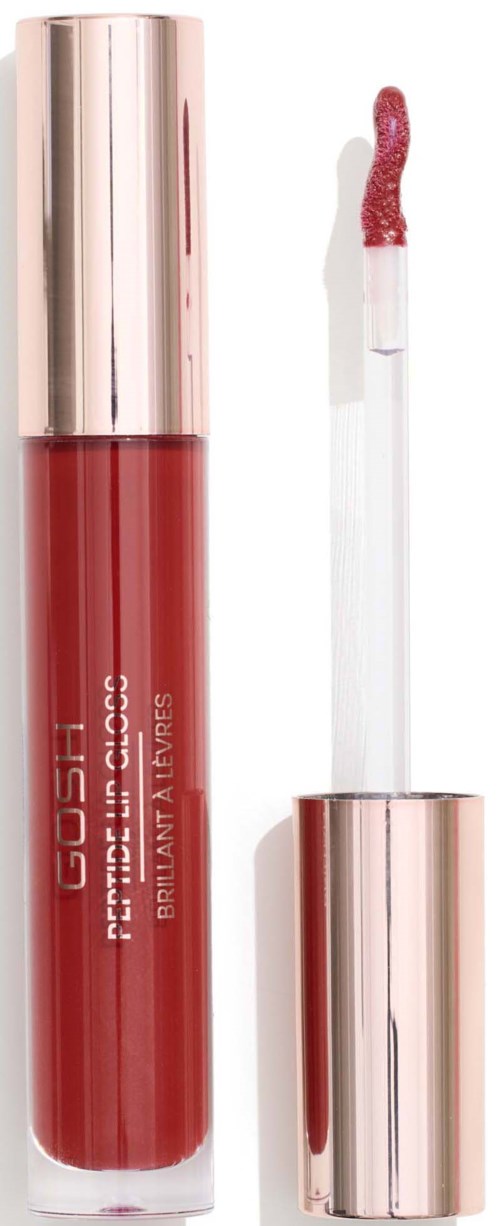 A red liquid lipstick in a clear tube with a rose gold cap and a wand applicator.