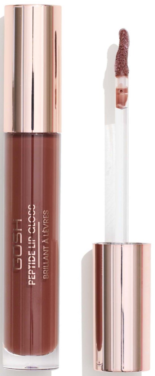 A lip gloss tube with a rose gold cap, clear body showing brownish lip gloss, and an applicator with gloss.