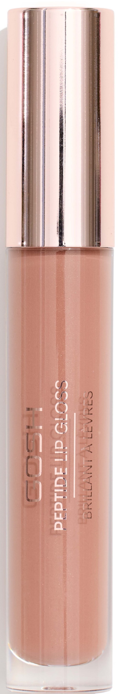 A tube of lip gloss with a shiny silver cap and pinkish-beige color.