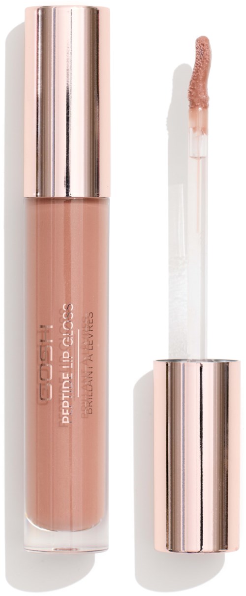 A nude-colored liquid lipstick in a clear tube with a silver cap and applicator wand.