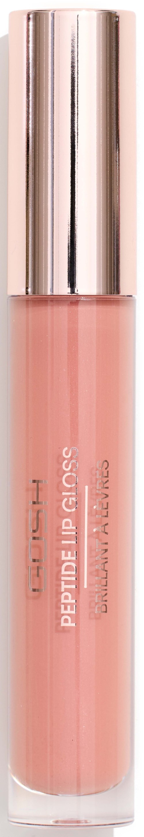 Pink lip gloss in a clear tube with a silver cap. The label says "Peptide Lip Gloss" and "Gloss."