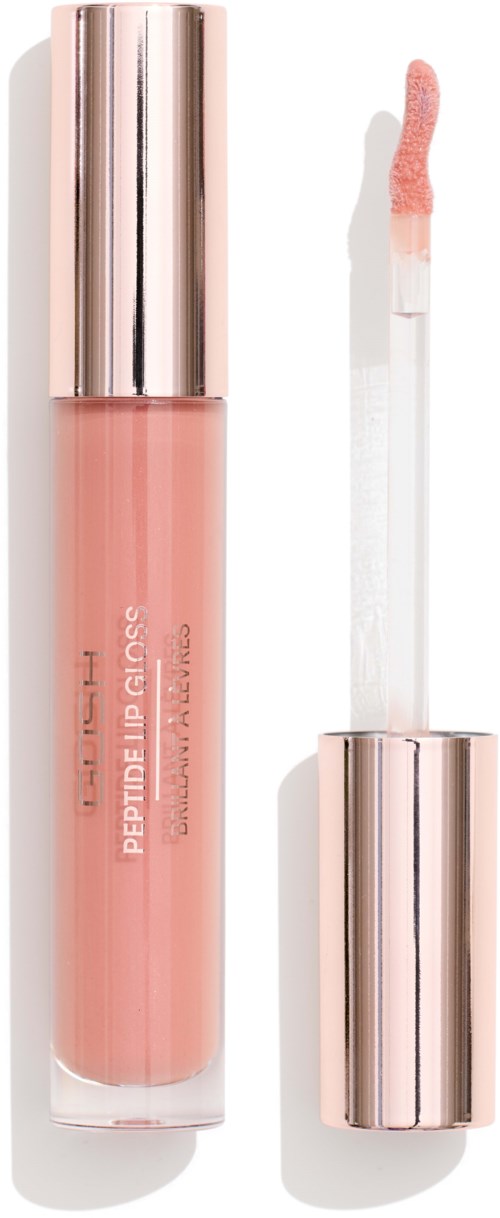 A peach-colored liquid lip gloss in a clear tube with a shiny metallic cap and an applicator.