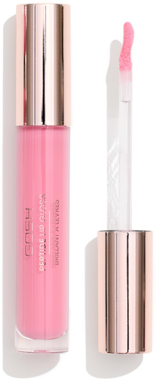 Pink lip gloss tube with a shiny metallic cap and applicator wand.