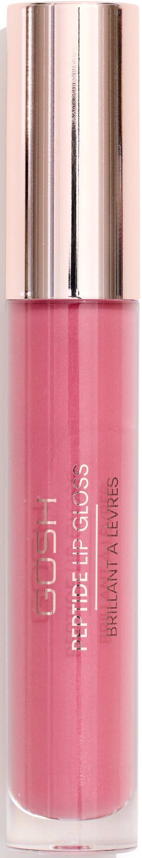 A pink lip gloss in a clear tube with a shiny silver cap.