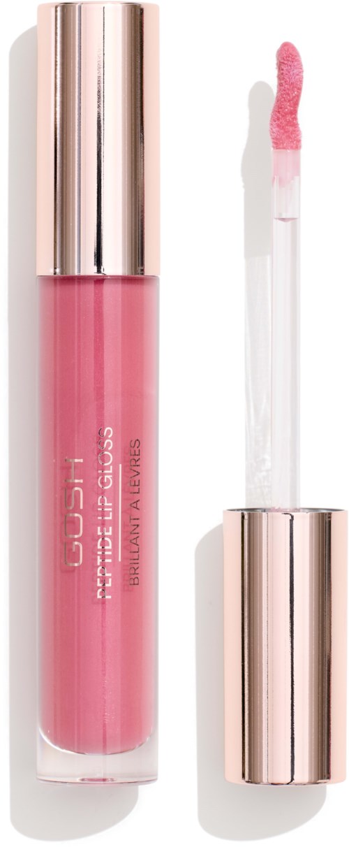 A pink lip gloss tube with a silver cap, and the applicator with pink gloss on it.