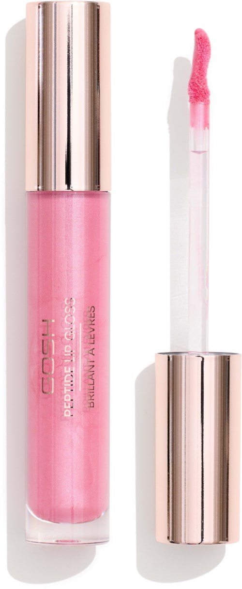A pink lip gloss tube with a shiny silver cap, showing the applicator with pink gloss.