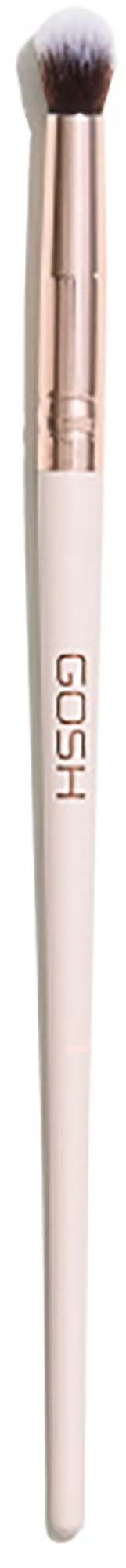 A white makeup brush with a rose gold handle and a fluffy round top.