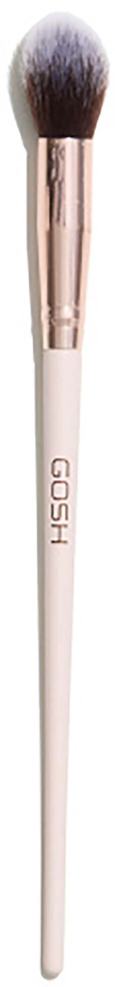 Make-up kwast met een witte handvat, roségouden bevestiging en zachte haren. Het woord 'CUSH' staat op de handvat.