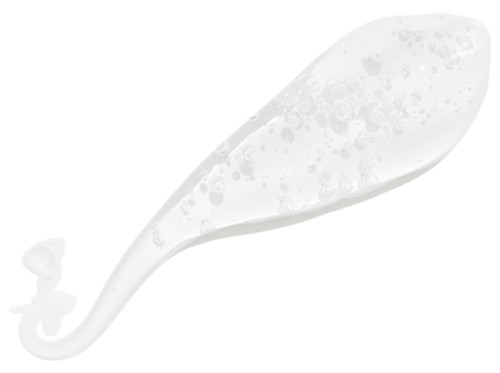 A white baby spoon with water droplets on it, facing to the right.