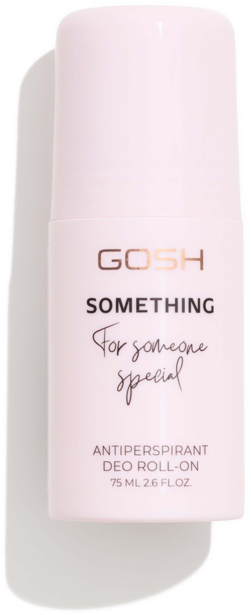 Een witte deodorant rollercontainer met roze en zwarte tekst, gemerkt GOSH en 'SOMETHING for someone special.'