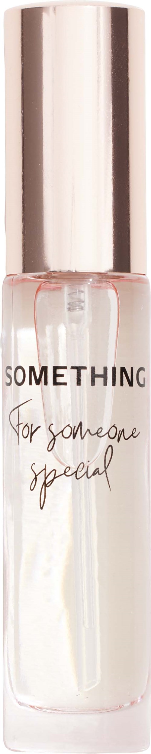 Een heldere sprayfles met metalen dop, label "SOMETHING" en "For someone special."