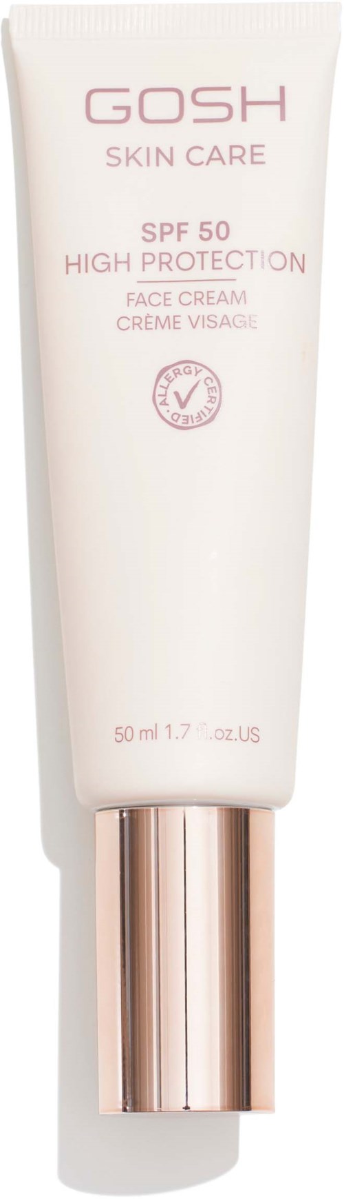 Een witte tube gezichtscrème met een roségouden deksel, gelabeld GOSH Skin Care SPF 50, hoge bescherming.