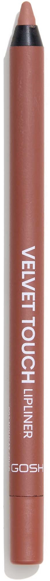 Ein brauner Lippenkonturenstift mit weißen Text, beschriftet 'Velvet Touch' auf schwarzem Hintergrund.