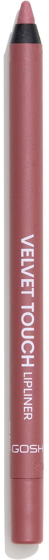 A pink lip liner with black at the tip and white text reading 'Velocity Touch' on the side.