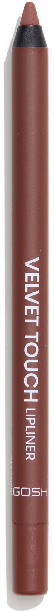 Ein Make-up-Stift mit der Aufschrift 'Velvet Touch' für Lippen, in Braun. Es hat eine schwarze Spitze und silbernen Körper.