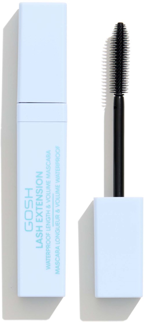 A white mascara tube with a brush inside, labeled GOSH Lash Extension. The brush has a curved design for eyelash lengthening.