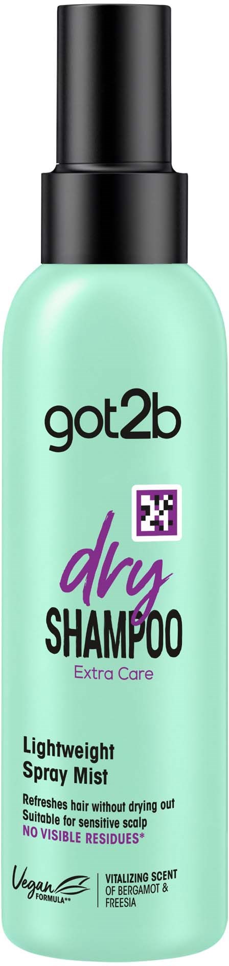 Een lichtgroene fles met zwarte spraydop, gelabeld als got2b droogshampoo, met paarse en zwarte tekst en logo's.