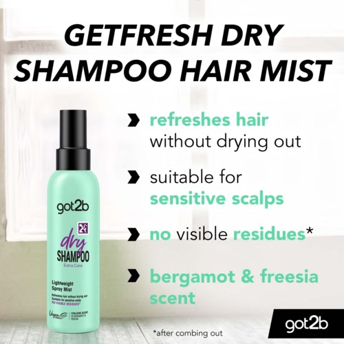 Dit is een advertentie voor een droogshampospray dat haar opfrist, geschikt voor gevoelige hoofdhuid, met bergamot en freesiadewijn.