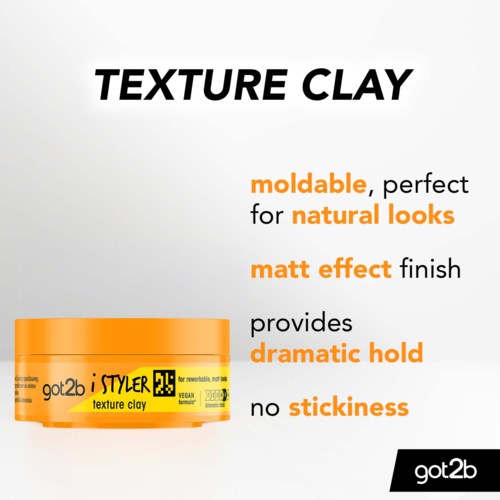 Text über Textur Clay, einschließlich Formbarkeit, natürlichem Aussehen, matter Oberfläche, starkem Halt und keiner Klebrigkeit.