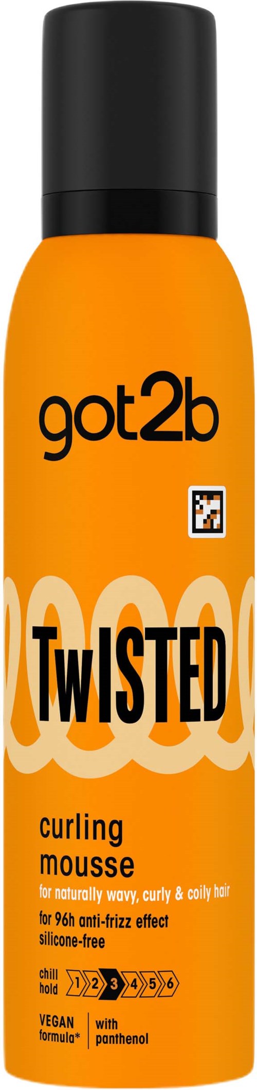 Een feloranje fles met zwarte dop met label got2b Twisted krulmousse voor krullend haar.