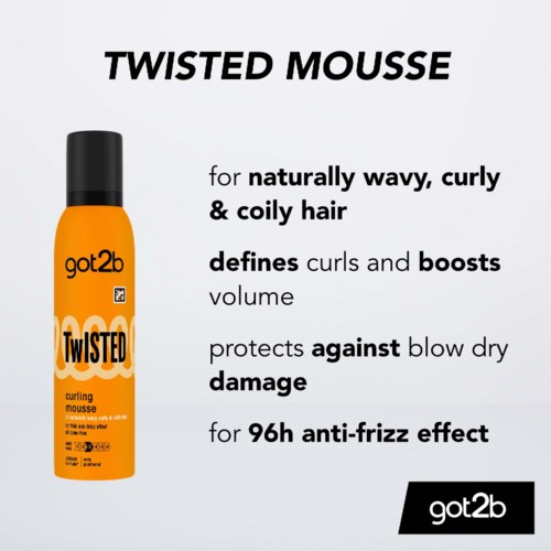 Oranje fles met twisting mousse voor krullend haar, met tekst over de voordelen.