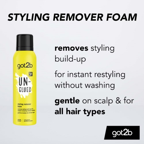 Gele flacon met got2b styling remover foam dat opbouw van styling verwijdert zonder wassen, zacht voor de hoofdhuid, voor alle haartypes.