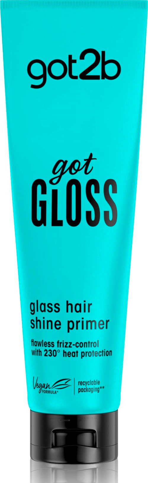 Blauwe tube haarshine primer met zwarte dop, met 'got2b' label, bevordert glans en hittebescherming.