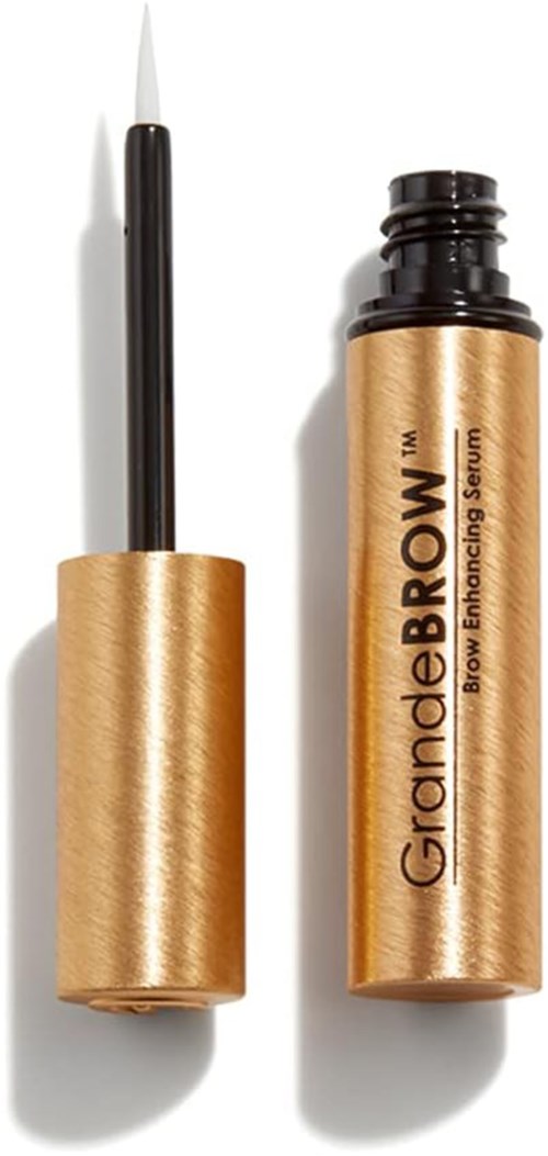 Een wenkbrauwserum met een goudkleurige tube en zwarte dop, de applicator is naast de open fles.