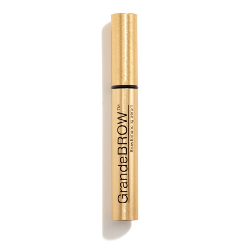 Een goudkleurige wenkbrauwserum-pen met zwarte tekst en een zwarte lijn vlakbij de dop.