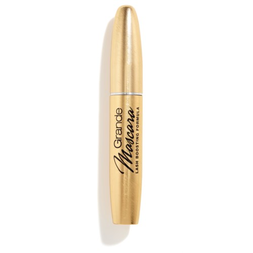 Goudkleurige mascara-buis staat rechtop met merk en productgegevens zichtbaar.