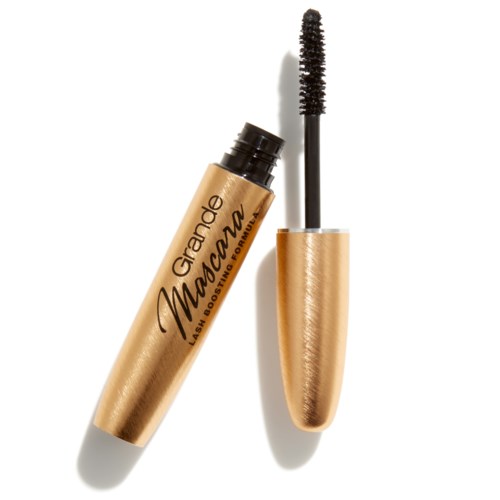 Gouden mascara-huls met zwarte borstel en open deksel.