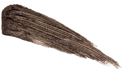 Een lange bruine penseelstreek met getextureerde, gelaagde lijnen op een witte achtergrond.