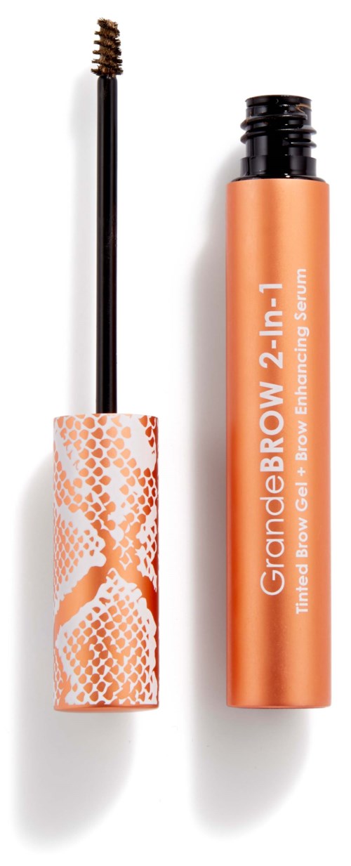 Wenkbrauwserum in een perzikkleurige tube met borstelapplicator, gemarkeerd 'GrandeBROW 2-in-1.'