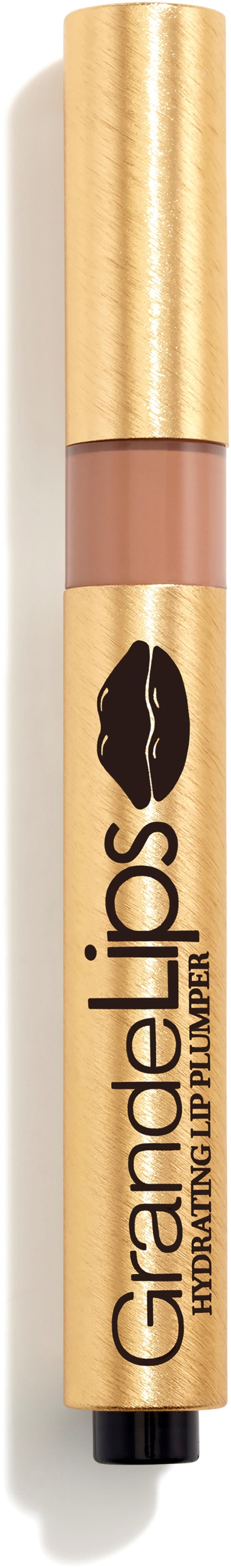 Een beige lippenbalsem met een zwart logo en gouden dop, gelabeld "Grandelips".