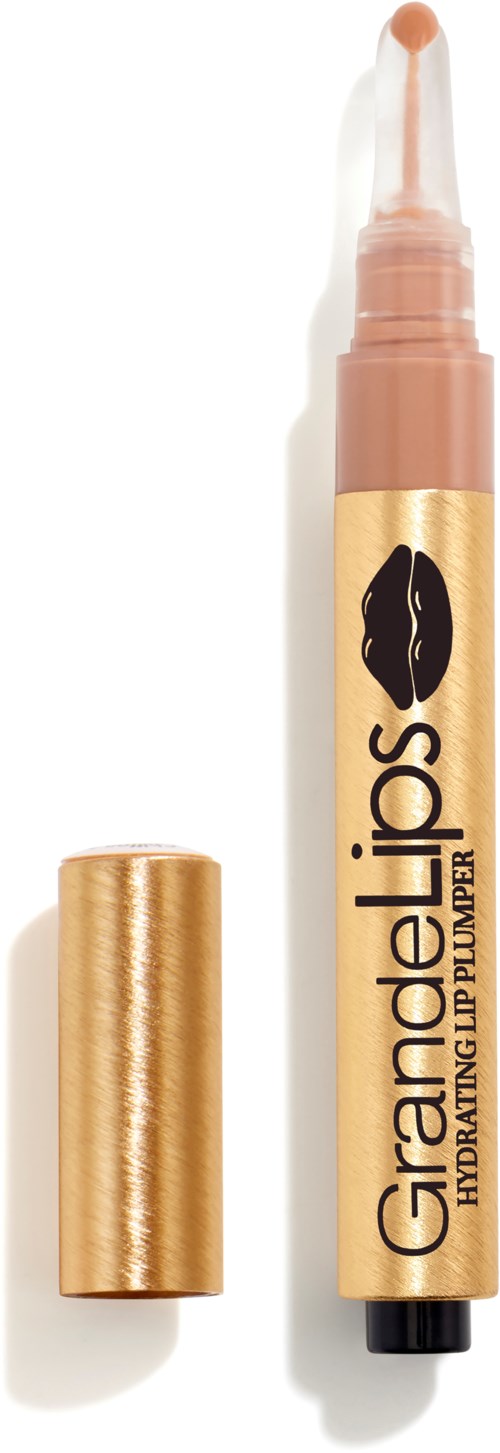 Een lippenversterker pen met goudkleurig lichaam en zwart logo, zonder dop, toont heldere glans.
