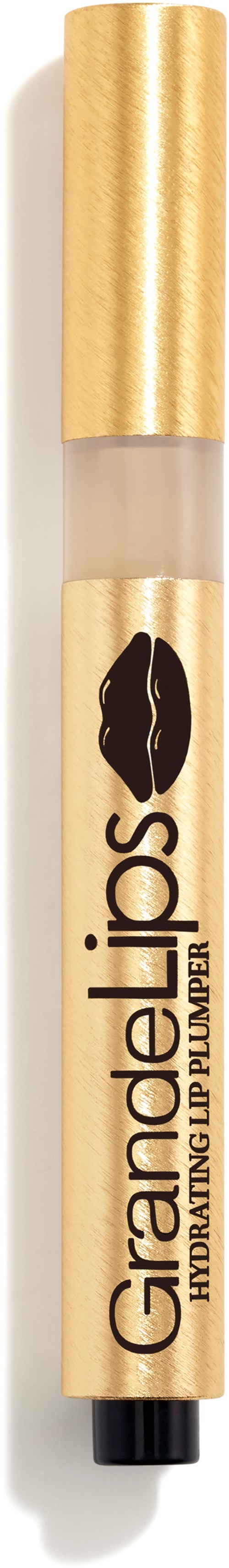 Goudkleurige stift met zwarte dop en label met 'GrandeLIPS'.