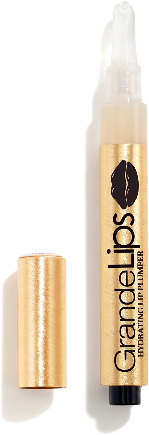 Lippenbalsemstift met goudkleurig label en verwijderbare dop, gelabeld 'Grandellots' en 'Hydrating Lipgloss'.