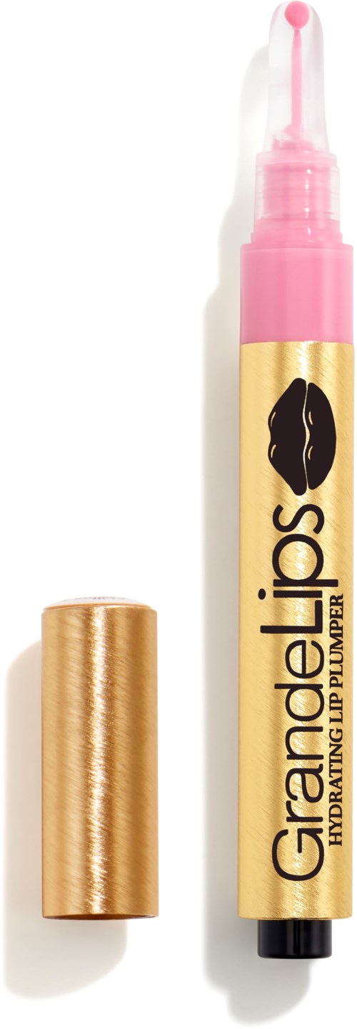 Lip primer in penvorm, roze bovenkant, goudkleurige body, met zwarte en roze etikettering, de dop verwijderd.