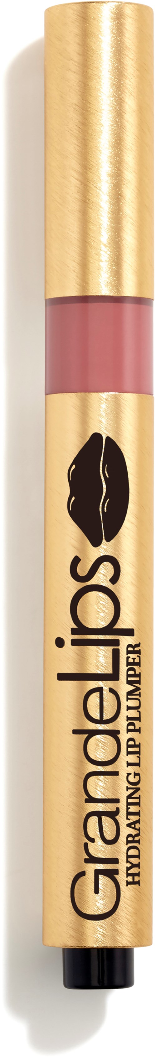 Een lipgloss stift met roze inhoud en gouden dop, gemerkt 'Grandelips'.