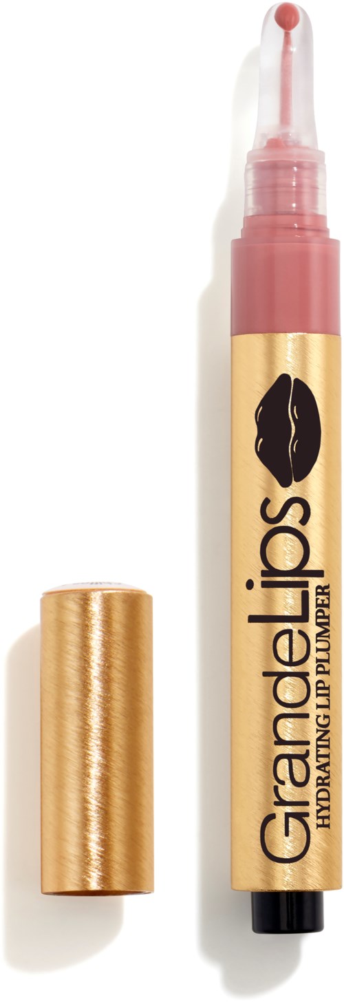 Een lippenversterkerpen met label "Grandellos" en kap, in roze en goud.