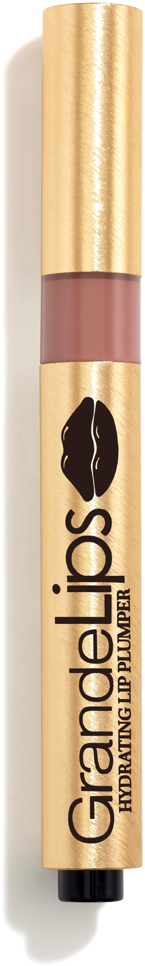 Een beige pen met een gouden dop en een lippenlogo. De tekst zegt 'GrandeLips' en 'Mega Hydrating Lip Plumper.'