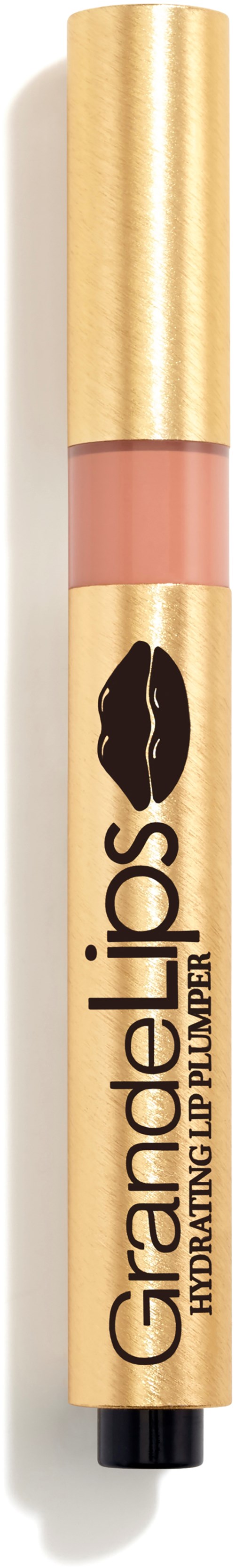 Een beige en gouden markeerstift met 'Grandelips' en een roze tip, gebruikt voor lipmake-up.