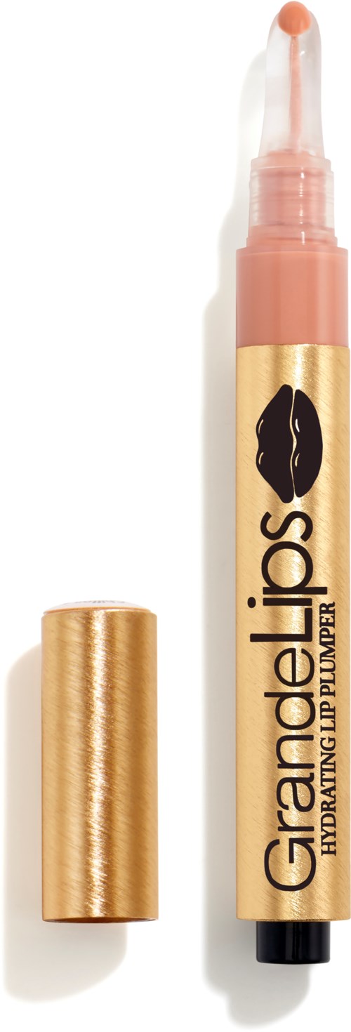Een beige concealer met gouden dop en een zwart snorlogo, met de tekst "Grande lips" en "Hydrating Lip Plumper."